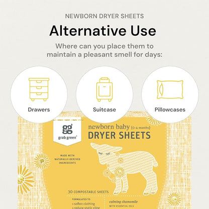Grab Green Newborn Baby Dryer Sheets, 120 Sheets, Chamomile Scent, Plant and - Image 5