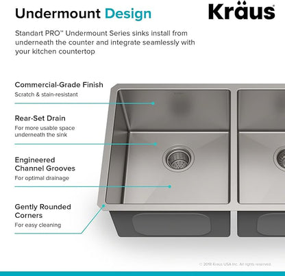 KRAUS Standart Pro 33 -inch Undermount 50/50 Double Bowl 16 Gauge Stainless Steel Kitchen Sink, KHU102-33
