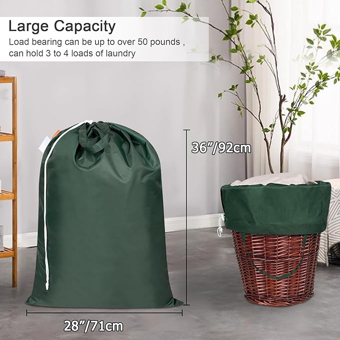 Polecasa Heavy Duty Large Laundry Bag with 130gsm Tear Resistant Fabric and Handles, Easy to Carry Durable Dirty Clothes Drawstring Bag, Perfect for College Dorm,Travel, 2 Pack 28”x36”,Green