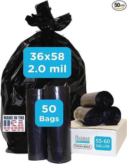 Industrial Grade 50 Count Black Trash Bags, 55-60 Gallon, 2.0 Mil, 36 x 58 by HighBarTrashLiners