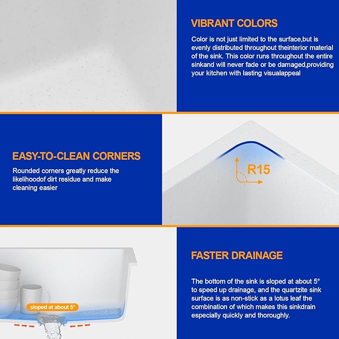 Dcolora 18 Inch Undermount Small Bar Sink Single Bowl Kitchen Sink White Granite Composite Wet Bar Sinks 18"W×16"D×9"H,DC-GUW002