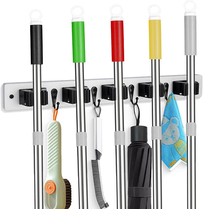 Broom Holder Wall Mount With 5 Slots & 4 Hooks，Rustic Wood Broom & Mop by FunCee