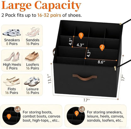 Shoe Organizer for Closet, 2 Pack Foldable Shoe Storage Containers, Fits up to 16-32 Pairs, Shoe Storage Organizer Box Cubby Baskets Bins with Clear Cover and Reinforced Handles, Black