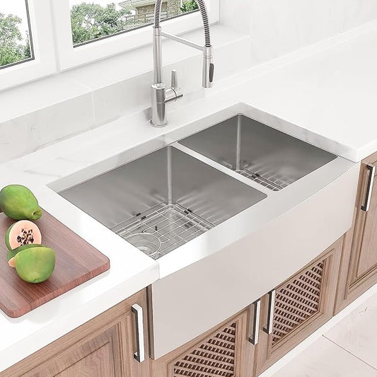 Lordear 36 Inch Double Bowl Farmhouse Kitchen Sink 36"x20-3/4"x10" Double Basin Undermount Farmhouse Kitchen Sinks 60/40 Apron Front 16 Gauge Farm Sinks