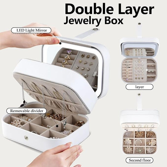 Travel Jewelry Case with LED Lighted Mirror, Portable Travel Jewelry Organizer, 2-Layer Jewelry Box for Earrings Necklace Bracelet Rings, Birthday Gifts for Women Girls Kids (White)