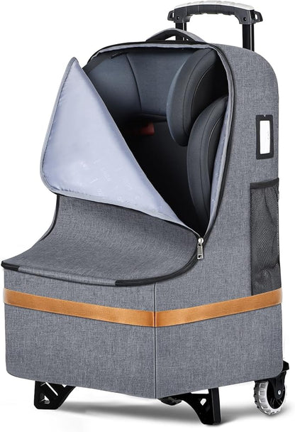Padded Car Seat Travel Bag for Airplane with Wheels, Heavy Duty Carseat Bags for Air Travel, Rolling Gate Check Backpack and Dolly Carrier, Storage for Baby Essentials, Grey