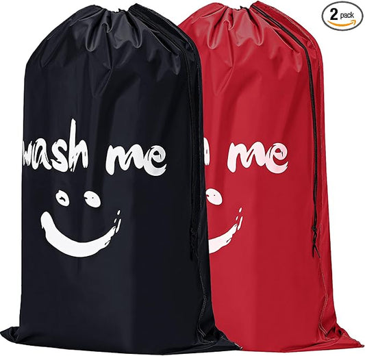 HOMEST 2 Pack XL Wash Me Travel Laundry Bag, Dirty Garments Organizer, Large Enough to Hold 4 Loads of Clothes, Easy Fit a Hamper or Clothing Basket, Black and Red