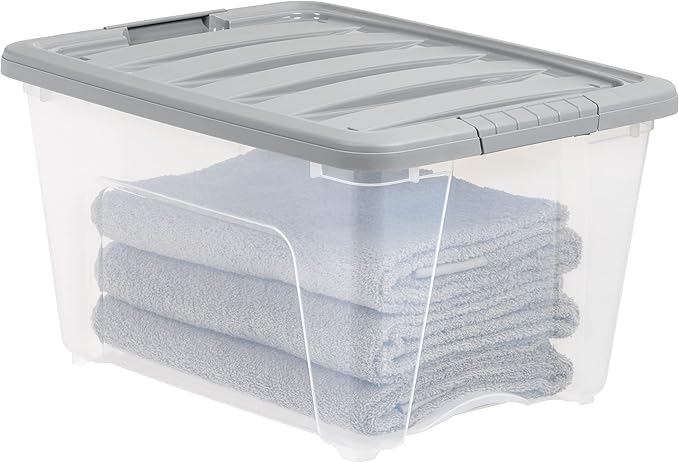 Amazon Basics Plastic Storage Containers with Secure Latching Lids, Stackable Organization Bins, 32 Quart, Set of 6, Clear/Grey