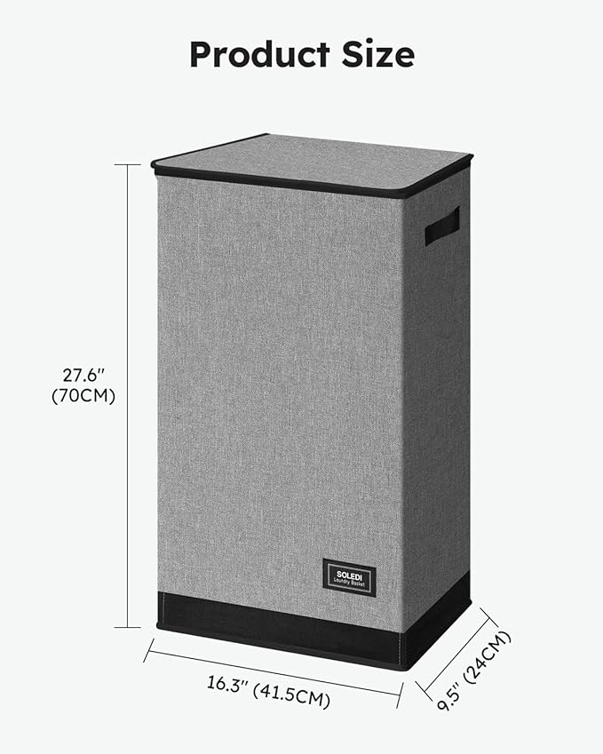 SOLEDI Slim Laundry Hamper with Lid, Narrow Laundry Basket with Removable Bags, Dirty Clothes Hamper with handle, Small Hamper perfect for Laundry room, Bathroom, Bedroom, Small spaces. 70L Grey