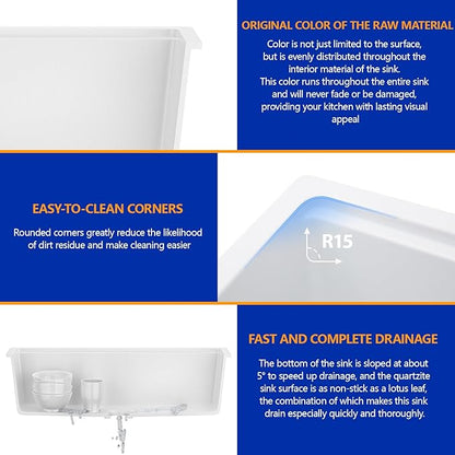 Dcolora 32-Inch Granite Composite White Kitchen Sink, Single Bowl Undermount Workstation Quartz Sink, 32"W x 19"D x 10"H #DC-GU7755