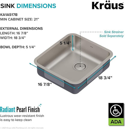 KRAUS Dex 17-inch Undermount 16 Gauge Stainless Steel Single Bowl ADA Kitchen Sink, KA1AS17B