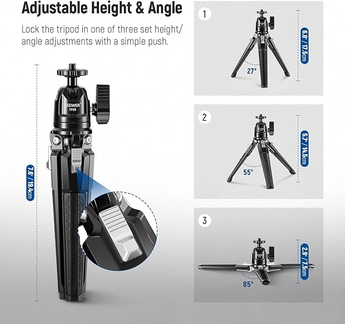 NEEWER Mini Metal Table Tripod with 360° Ball Head, Supports Vertical Recording and Handle, Portable Travel Tripod with 1/4 Inch Screw for Camera Mobile Phone Action Cam, Max. Load 3 kg, TP29