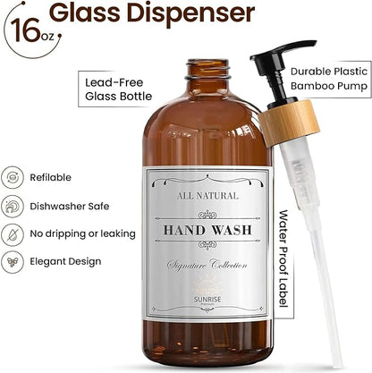 Sunrise Premium 16 OZ Thick Amber Glass Soap Dispenser, Bamboo Pump - Image 2