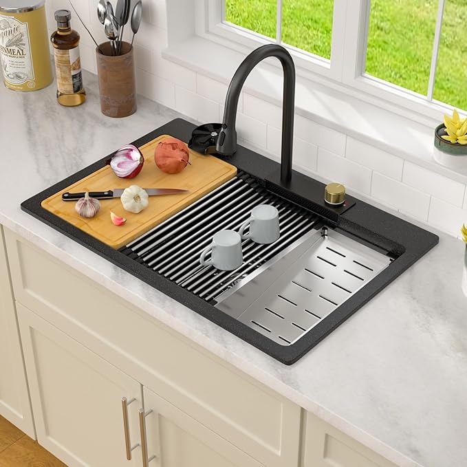 Dcolora Waterfall Smart Kitchen Sink 33x22 Drop In Single Bowl Multifunctional Kitchen Sinks With Faucet And Cup Washer,33 Inch Granite Composite (Black) DC-SFDOE00002
