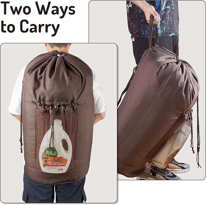 Large Laundry Backpack Bag with Detergent Holder and Adjustable Shoulder Straps, Clothes Laundry Backpack for College, Travel, Apartment, Laundromat, Dorm Room (Brown)