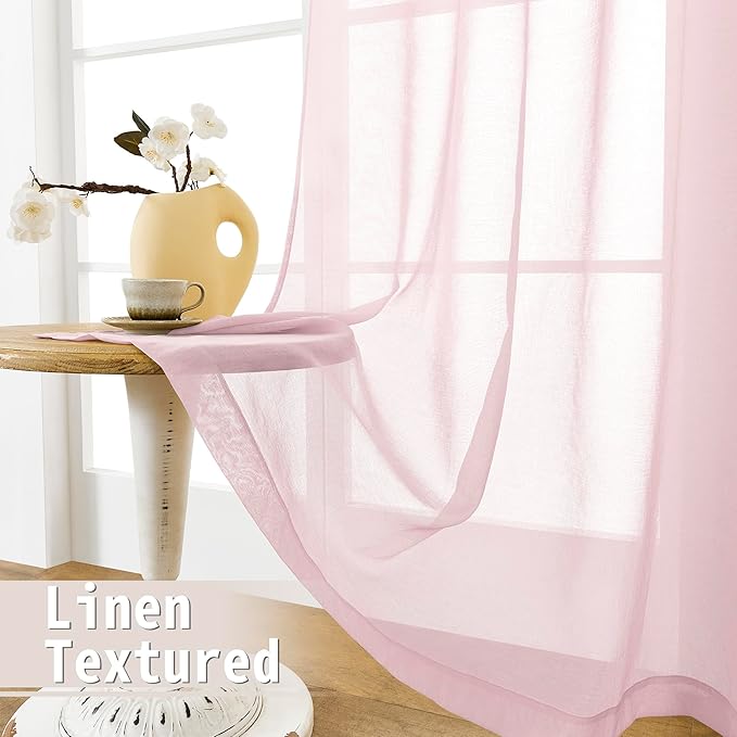 Tollpiz Sheer Door Curtains Closet Linen Textured Curtain Sheers Doorway Light Filtering Voile French Door Rod Pocket Curtains Patio Glass Door, 54 x 63 inches Long, Pink, Set of 1 Panel