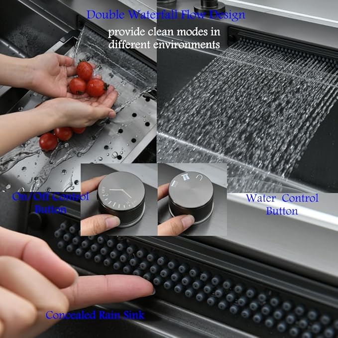 33 Inch Black Waterfall Drop In Kitchen Sink with Fuacet Combo-Bokaiya 33x22 Waterfall Kitchen Sink with Cup Washer Stainess Steel Top Mount 16 Gauge Deep Single Bowl Modern Kitchen Sinks