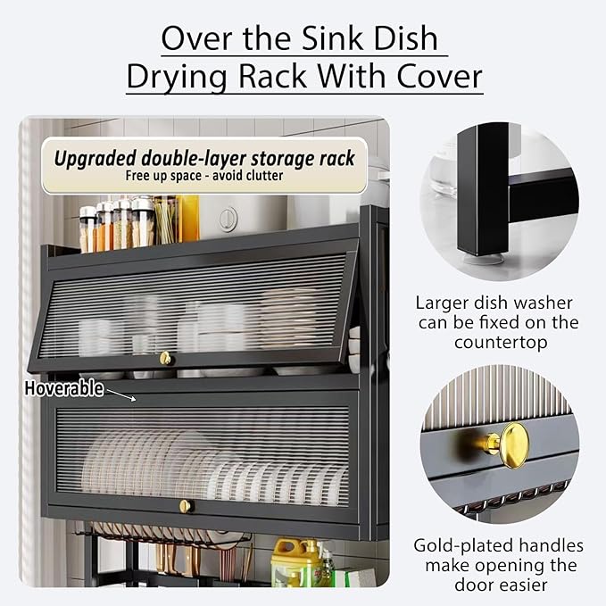 Dish Drying Rack 4 Tiers with Cover, Keep Kitchen Sink Shlef Organized Space-Saving, Large Drying Rack for Dishes, Glasses, Bowls, Cutlery white W-29.5in