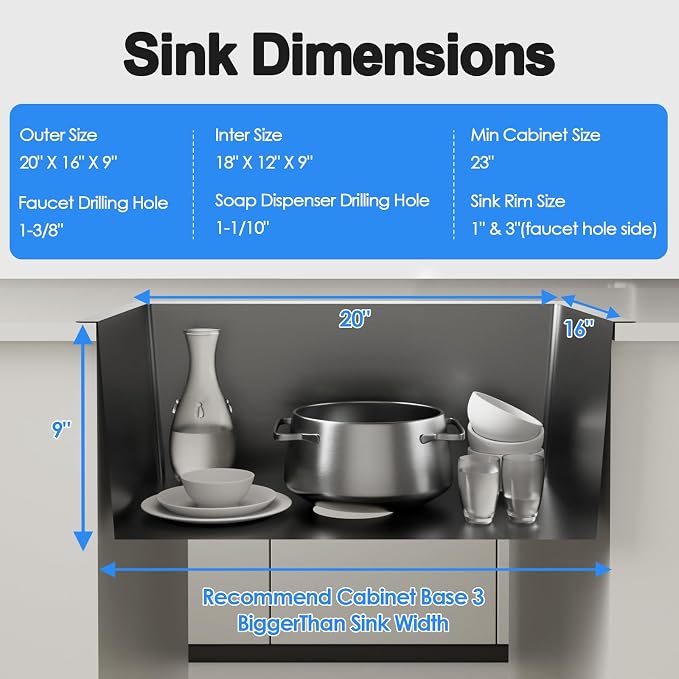20x16 Inch Drop in Kitchen Sink, 304 Black Stainless Steel Sink, R10 Tight - Image 6