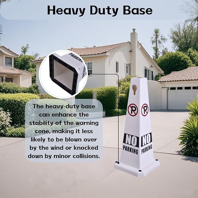4-Pack 26.5" Caution Cones, 4-Sided Visible Safety Signs with Heavy Rubber Base, Warning for Slip & Fall Prevention, Indoor/Outdoor Use (White, 4Pcs-No Parking)