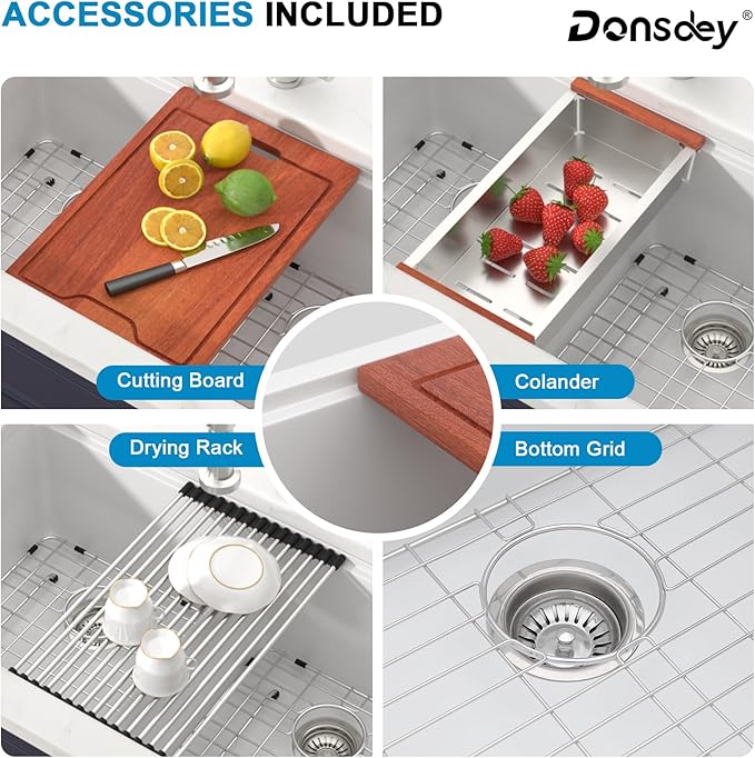 33 Inch Undermount White Granite Composite Kitchen Sink Under Counter Quartz Single Bowl Sink Workstation Sinks with Accessories Quick Drain Noise Reduction Home Renovation Classic Style