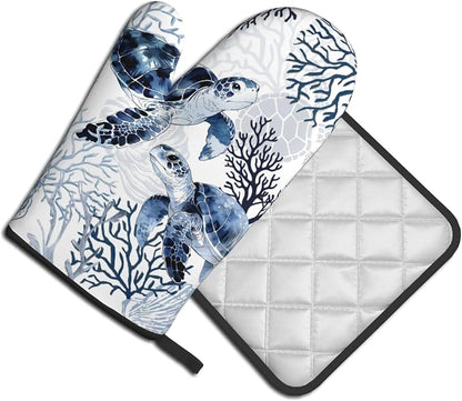 Coastal Oven Mitts and Pot Holders Sets of 2 Summer Kitchen Mitts Blue Sea - Image 2