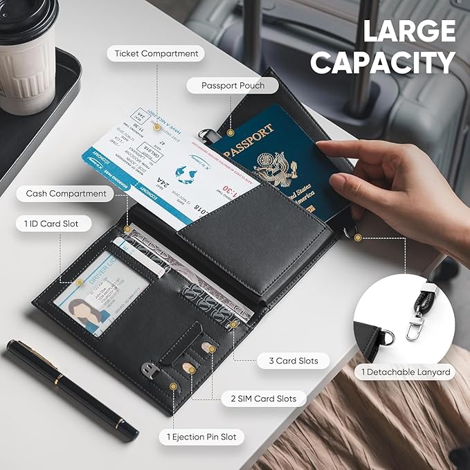 Real Leather Wallet RFID Blocking Passport Holder with Travel Lanyard Document Organizer Brown (Black)