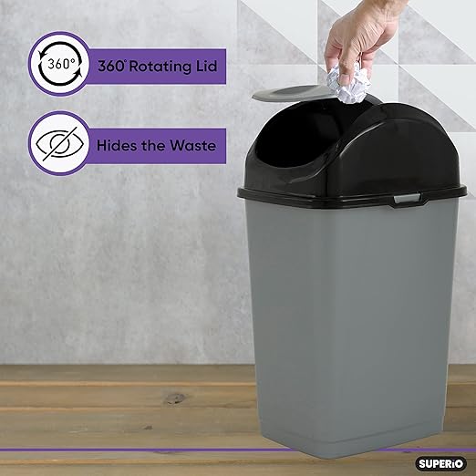 Superio Office Trash Can with Lid 9 Gallon Kitchen Garbage Can Bedroom Waste Basket 37 Qt. Swing Top Trashcan Plastic Durable Waste and Recycle Bin (2, Grey/Black)
