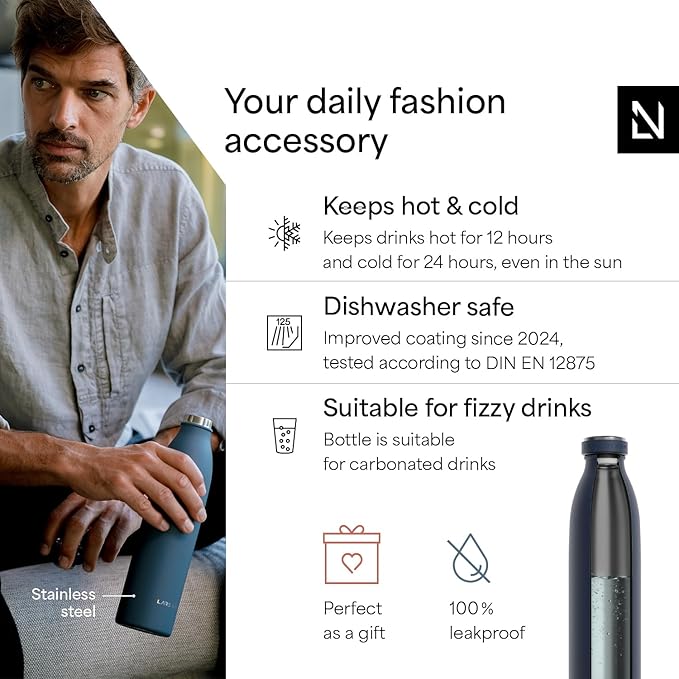 LARS NYSØM Stainless Steel Insulated Water Bottle 12oz 17oz 25oz 34oz 51oz | Insulated Thermo Flask for Hot and Cold Beverages | Leakproof Drinking Bottle (Midnight Blue, 25.4 oz)