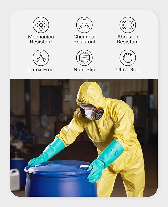 PACIFIC PPE 2 Pairs Chemical Resistant Nitrile Gloves, Resist Household Acid, Alkali, Solvent and Oil, 28 mil, 18", Large