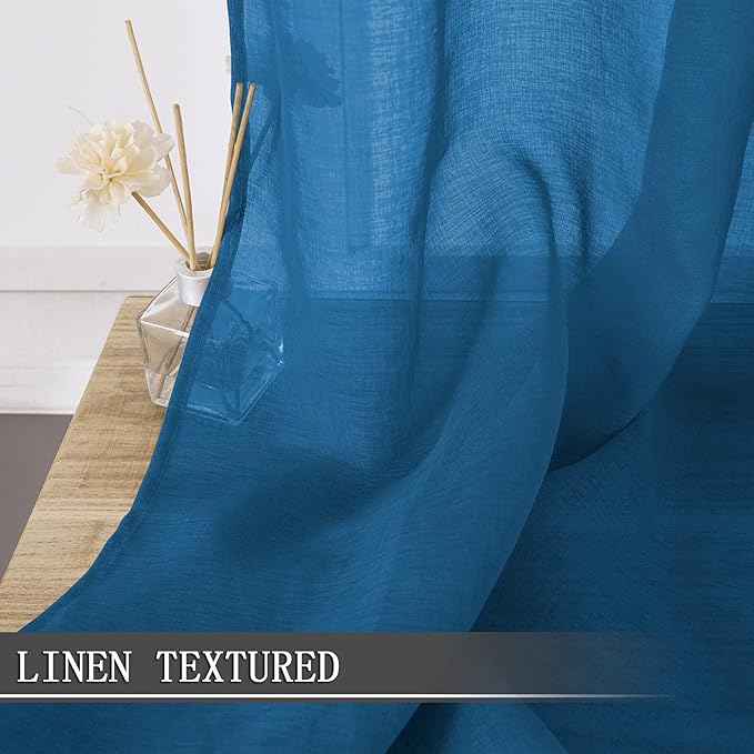 Tollpiz Short Sheer Curtain Living Room Linen Textured Curtains Sheer Light Filtering Voile Rod Pocket Curtain for Bedroom, 38 x 54 inches Long, Classic Blue, Set of 2 Panels
