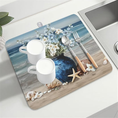 Summer Beach Dish Drying Mat for Kitchen Counter Nautical Coastal Blue Ocean - Image 8