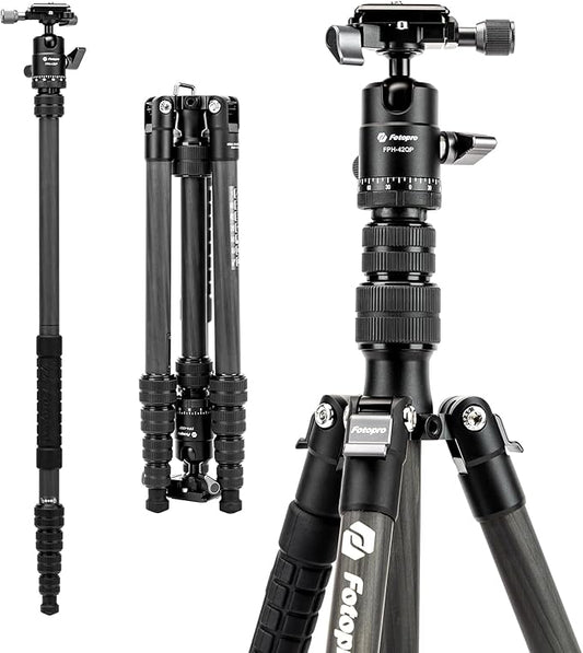 Fotopro 59" Carbon Fiber Travel Tripod, Lightweight Compact Camera Tripod with Ball Head Quick Release Plate, Compact Detachable Monopod with Carry Bag, Load up to 8KG/17.63lbs