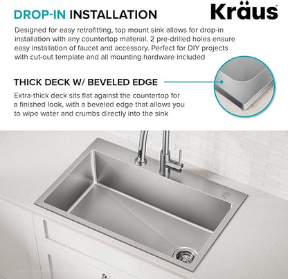 KRAUS Fairlane 33-inch Drop In/Top Mount Single Bowl 18-Gauge Stainless Steel Kitchen Sink, KHT640-33