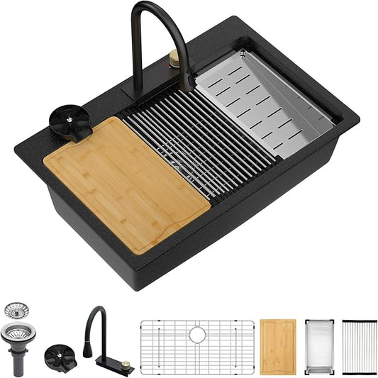 Dcolora Waterfall Smart Kitchen Sink 33x22 Drop In Single Bowl Multifunctional Kitchen Sinks With Faucet And Cup Washer,33 Inch Granite Composite (Black) DC-SFDOE00002