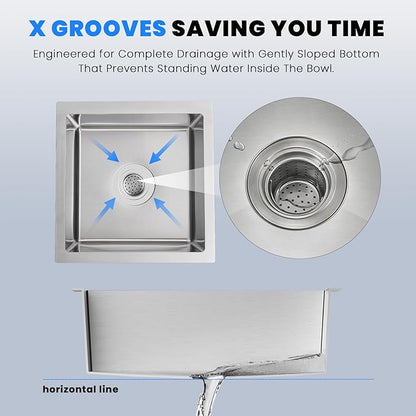 POPFLY 18 x 18 Inch Undermount Kitchen Sinks, Stainless Steel Single Bowl 9 Inches Deep Utility Small Bar or Prep Sinks, Brushed Nickel Laundry Room Sink（18×18×9）