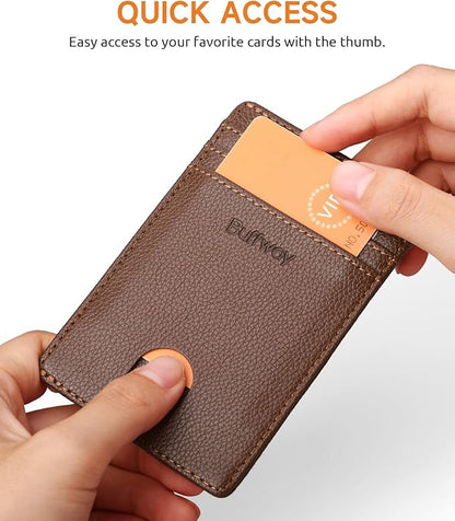 Buffway Mens Slim Wallet, Minimalist Thin Front Pocket Leather Credit Card Holder with RFID Blocking for Work Travel