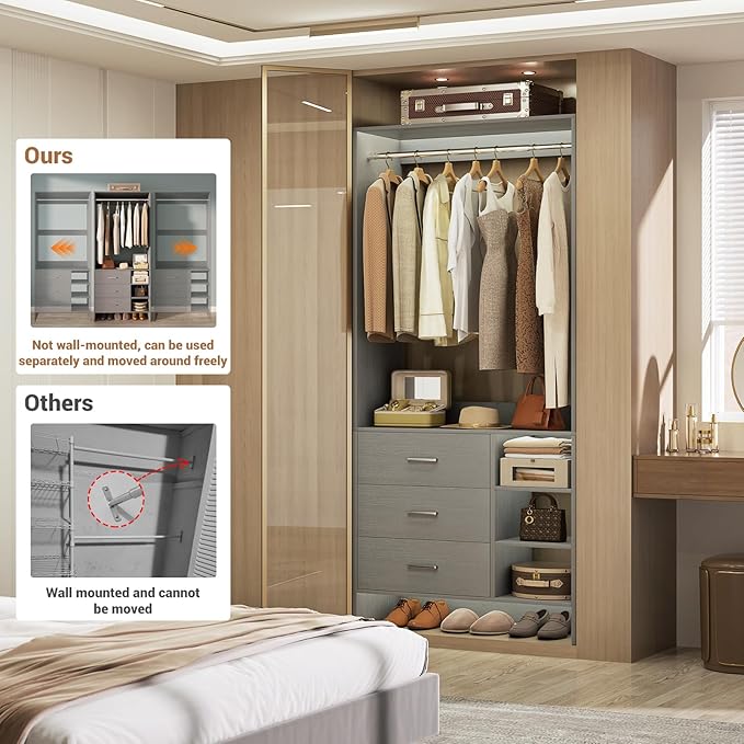 Aheaplus 2.5FT Closet System with 3 Drawers, 29.5’’ Closet Organizer, Wood Closet Organizer System, Walk-in Closet or Small Closets Wardrobe, Clothes Rack with Hanging Rods,-E6, Grey