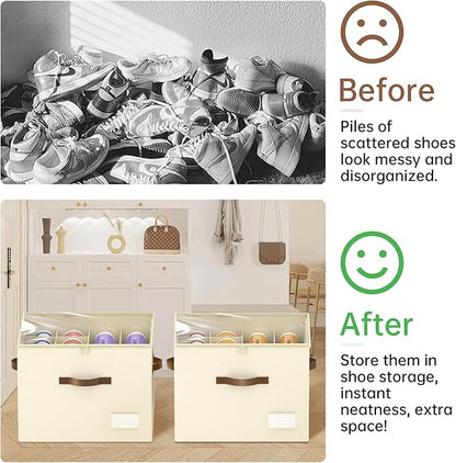Shoe Organizer for Closet, 2 Pack Shoe Organizer with Clear Cover, Closet Shoe Storage Containers w/Adjustable Dividers, Foldable Storage Bins for Shoes, Fits 16-32 Pairs, Beige
