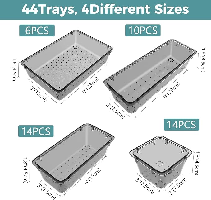 WOWBOX 44 PCS Clear Plastic Drawer Organizer Set, 4 Varied Size storage Bins - Image 3
