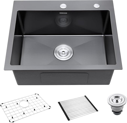 Black Kitchen Sink Drop-In 22 x 18 inch, SINKVINE PVD Nano Stainless Steel Bar Sink Outdoor, Top Mount Deep Single Bowl RV Laundry Basin, w/Drain Strainer, Bottom Grid, Roll-up Drying Unit, Dark Gray