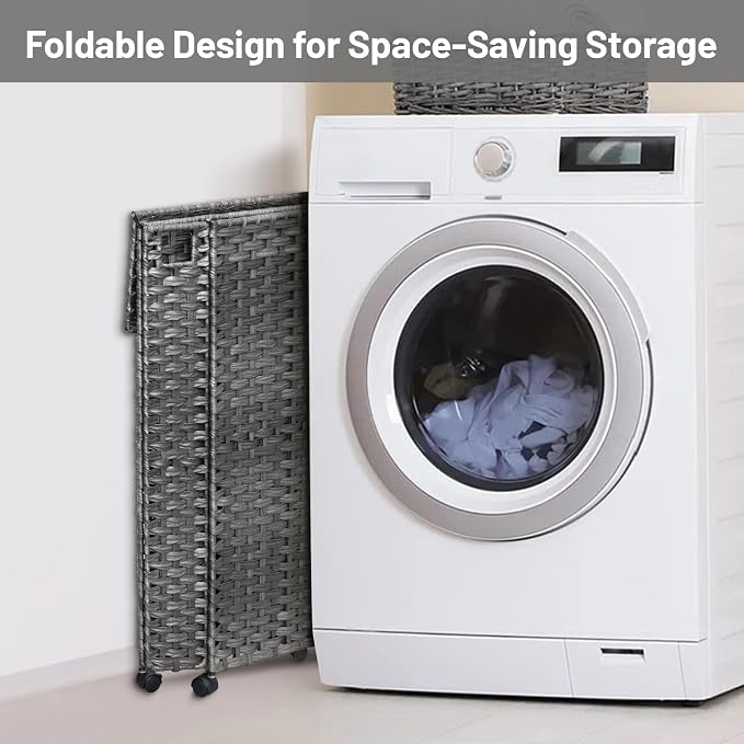 70L Slim Laundry Hamper with Lid & Wheels, 2-Park Rolling Laundry Basket with 4 - Image 8
