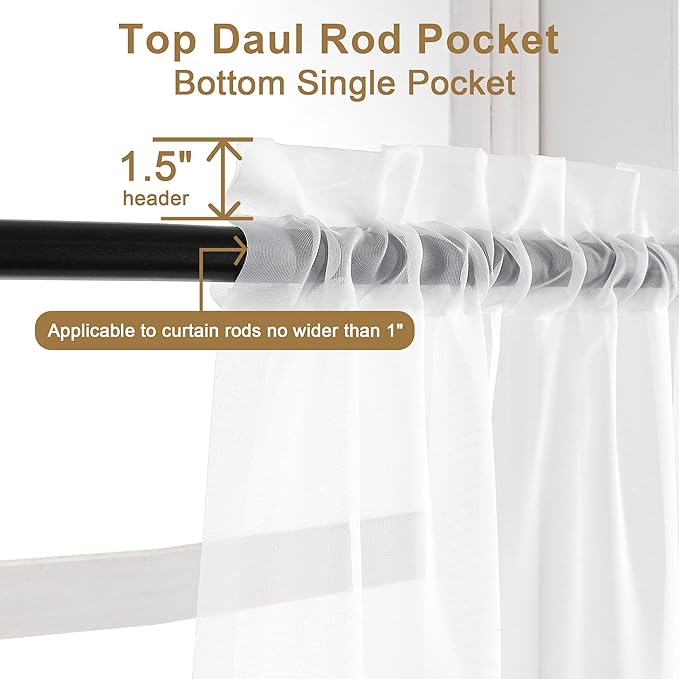 Chyhomenyc Sheer White Valances for Windows 2 Pack, Small Window Curtains for Living Room Bathroom Cafe Laundry Basement, Modern Top Dual Rod Pocket Voile Curtain, 42W x 18L inches, White