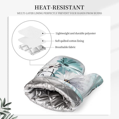 Teal Daisy Oven Mitts Pot Holders Set Silicone Heat Resistant Farm Teal Daisy - Image 4