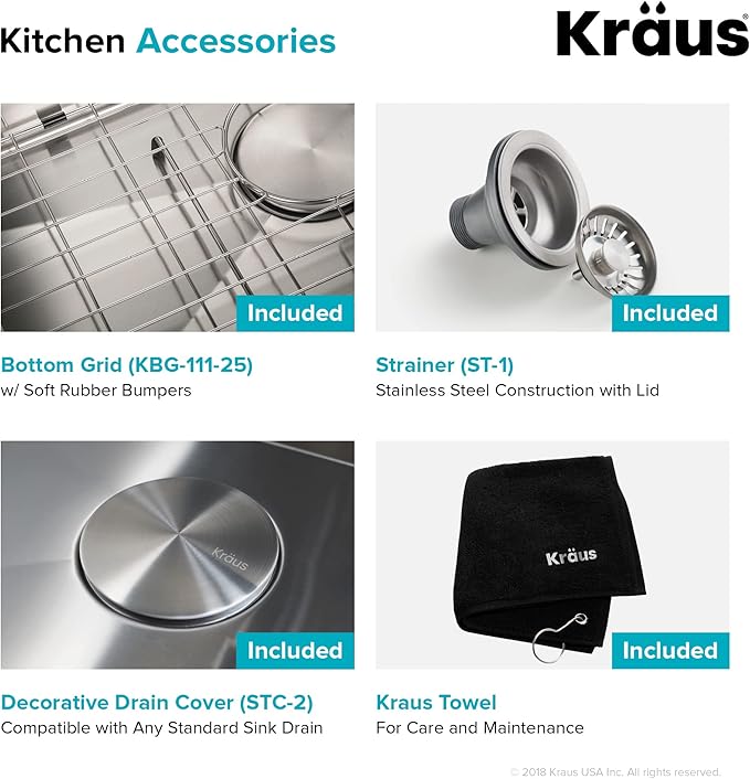 Kraus KHU111-25 Standart PRO 16 Gauge Undermount Single Bowl Stainless Steel Kitchen Sink, 25 Inch