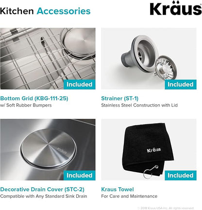Kraus KHU111-25 Standart PRO 16 Gauge Undermount Single Bowl Stainless Steel Kitchen Sink, 25 Inch