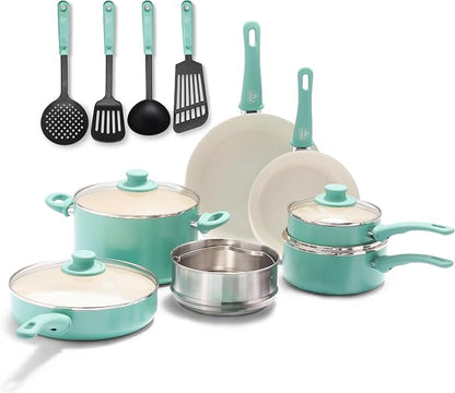 GreenLife Soft Grip Healthy Ceramic Nonstick, 15 Piece Cookware Pots and Pans by GreenLife