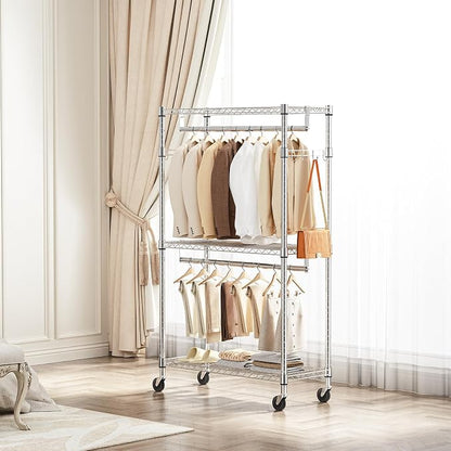 Heavy Duty Rolling Garment Rack 3 Tiers Adjustable Wire Shelving Clothes Rack - Image 2