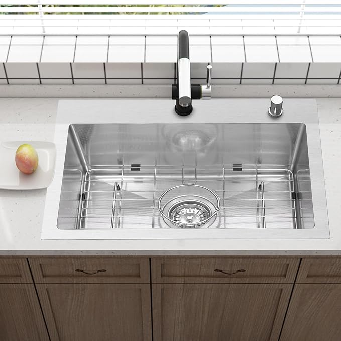 Drop In Kitchen Sink 33x22", 9" Basin Depth, 18 Gauge Stainless Steel Sink, 3D Embossed Surface Finish Top Mount with Accessories