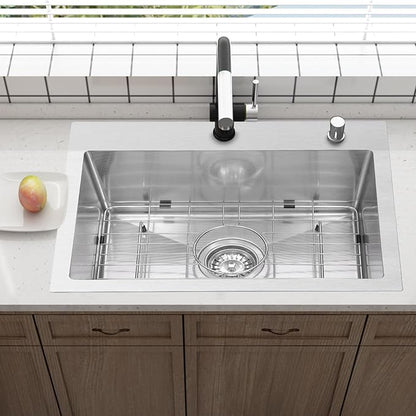 Drop In Kitchen Sink 33x22", 9" Basin Depth, 18 Gauge Stainless Steel Sink, 3D Embossed Surface Finish Top Mount with Accessories